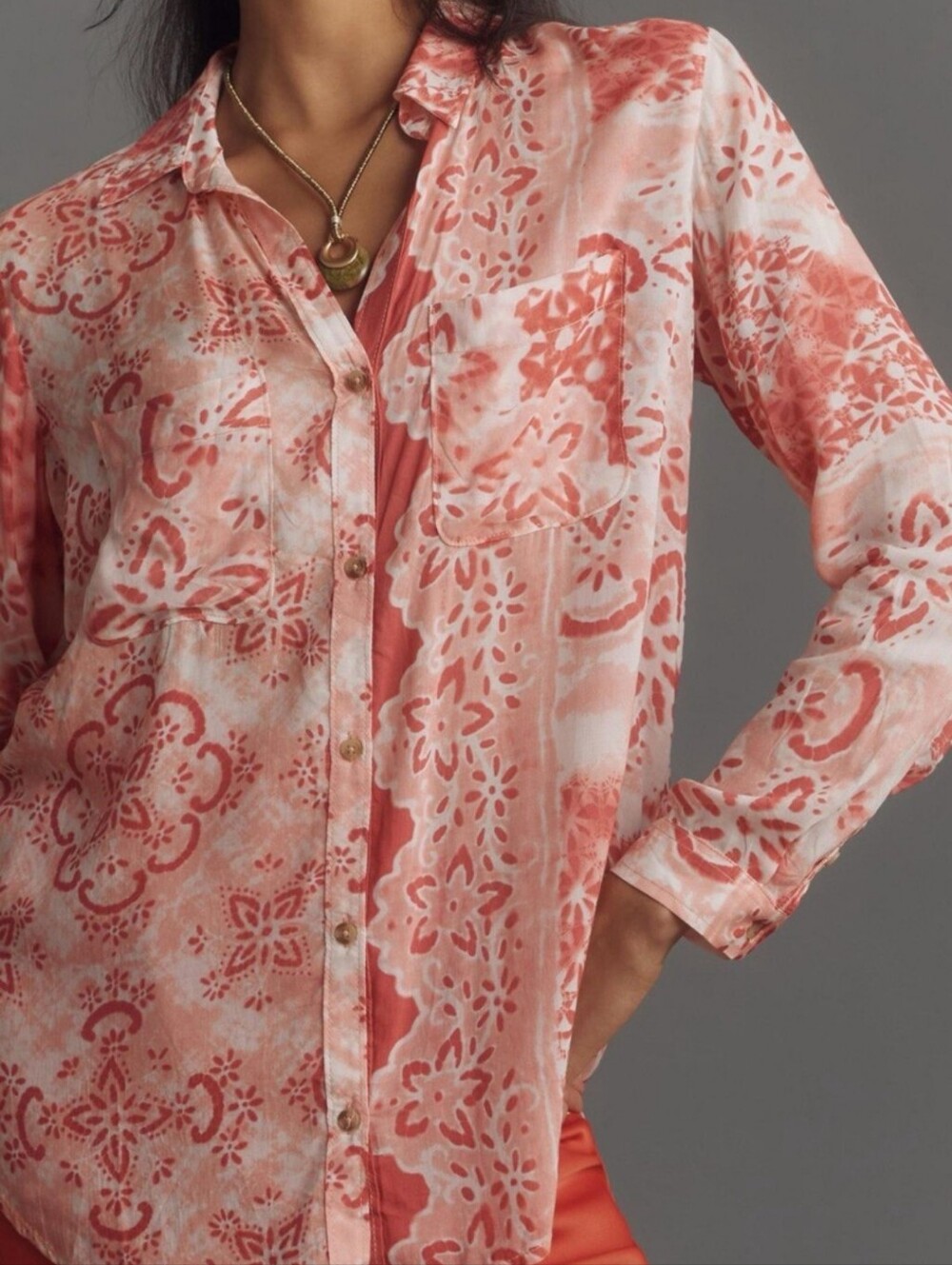 Pilcro Coral and White Floral Button-Up Top